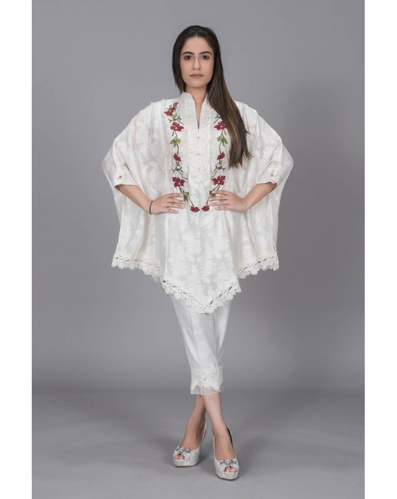 White Cotton Net with Floral Body Embroidery