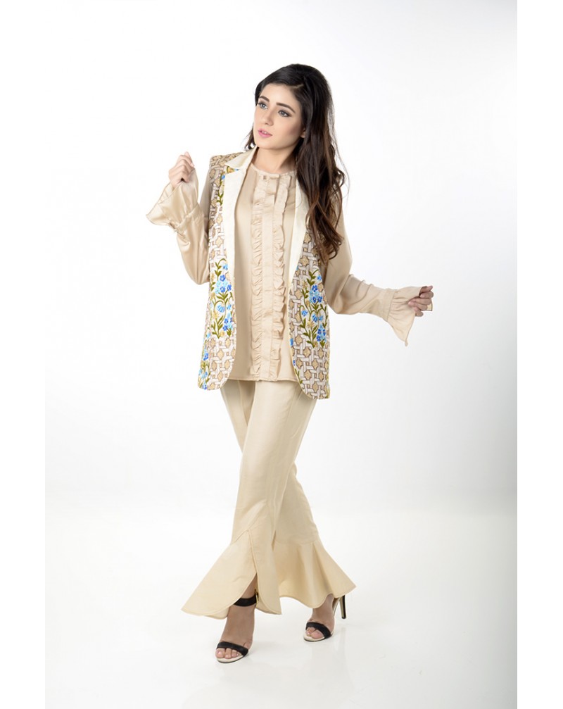 JV Pret Ivory floral embroidered jacket, raw silk trouser with ruffled bottom  and frill front silk shirt - JV Couture