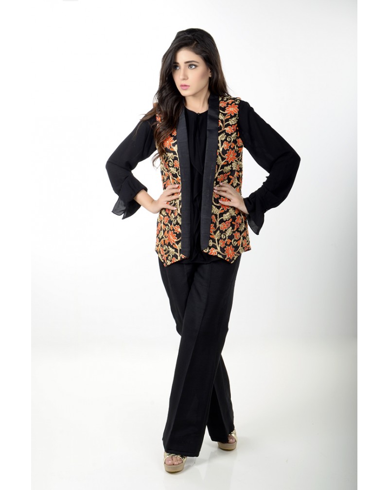 JV Pret Black embroidered Jacket, Raw Silk trouser and crepe linen ruffle shirt -  JV couture