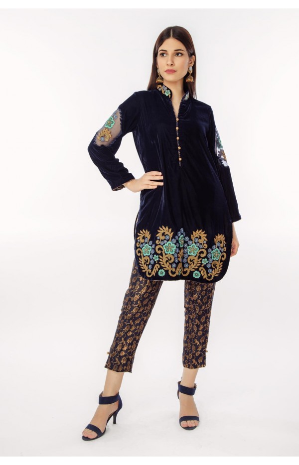 Navy Blue Velvet with daman embroidery