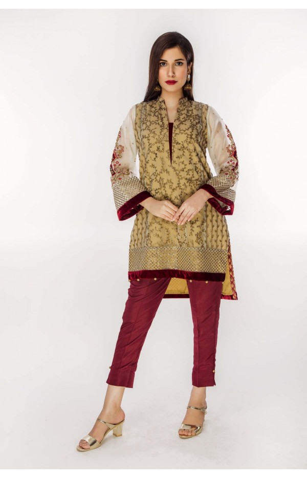 Khaadi Net with sleeves embroidery 